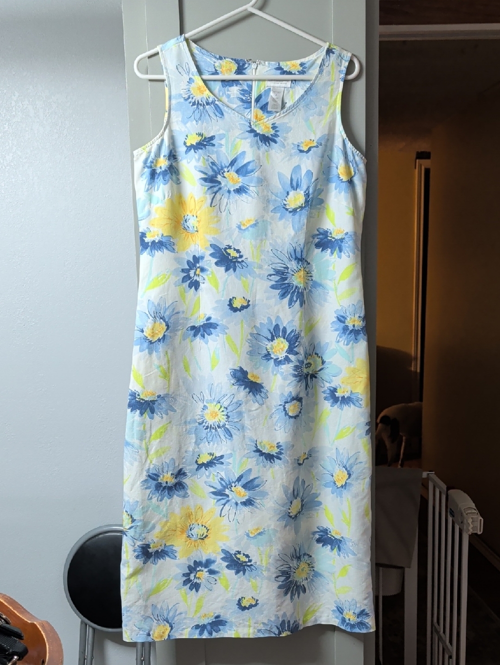 Liz Claiborne Sleeveless White Dress with Blue & Yellow Floral Print